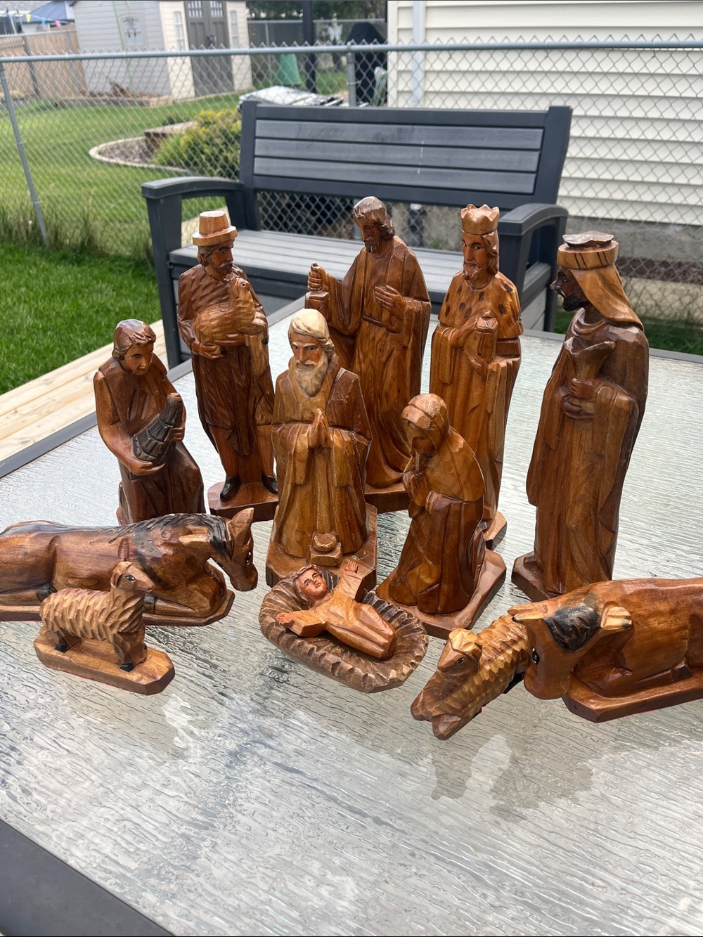 Vintage Religious Hand-Carved Wooden Holy Family Nativity Figures Lot of 12